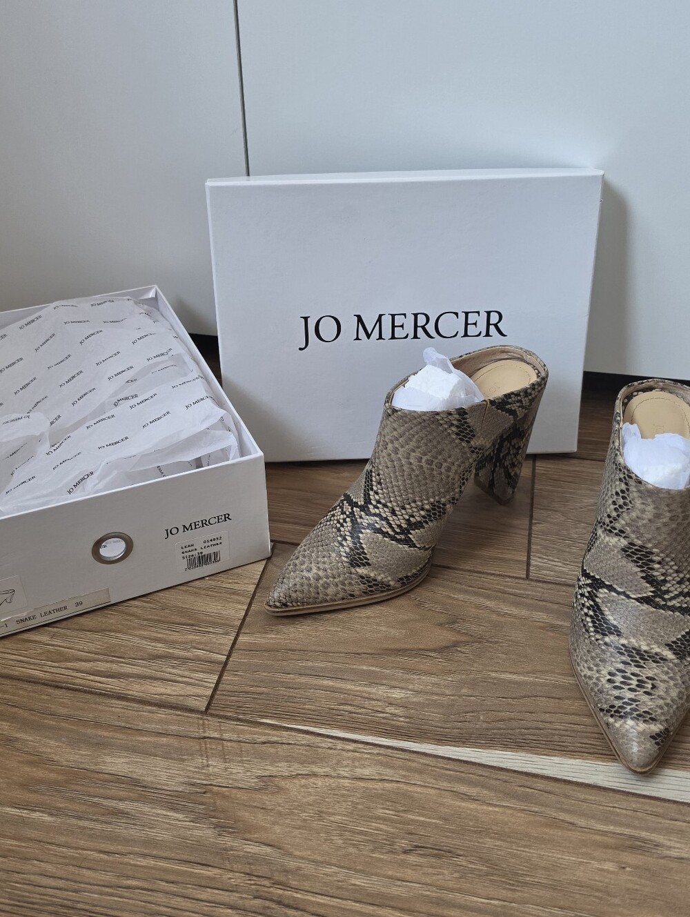 JO MERCER Leather Mule Heels, Snake Animal Print LEAH Shoes Tan Brown - Picture 7 of 11